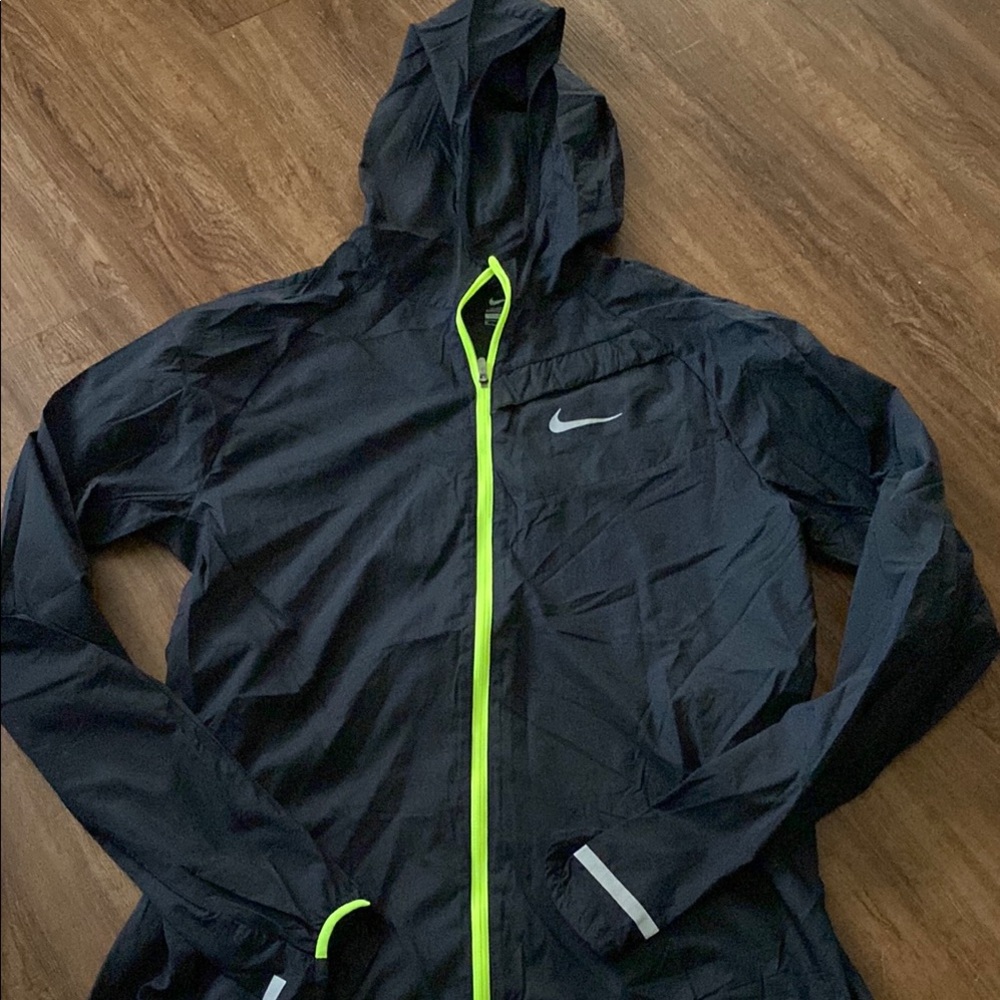 Nike Black Hooded Windbreaker with Neon Yellow Trim Medium